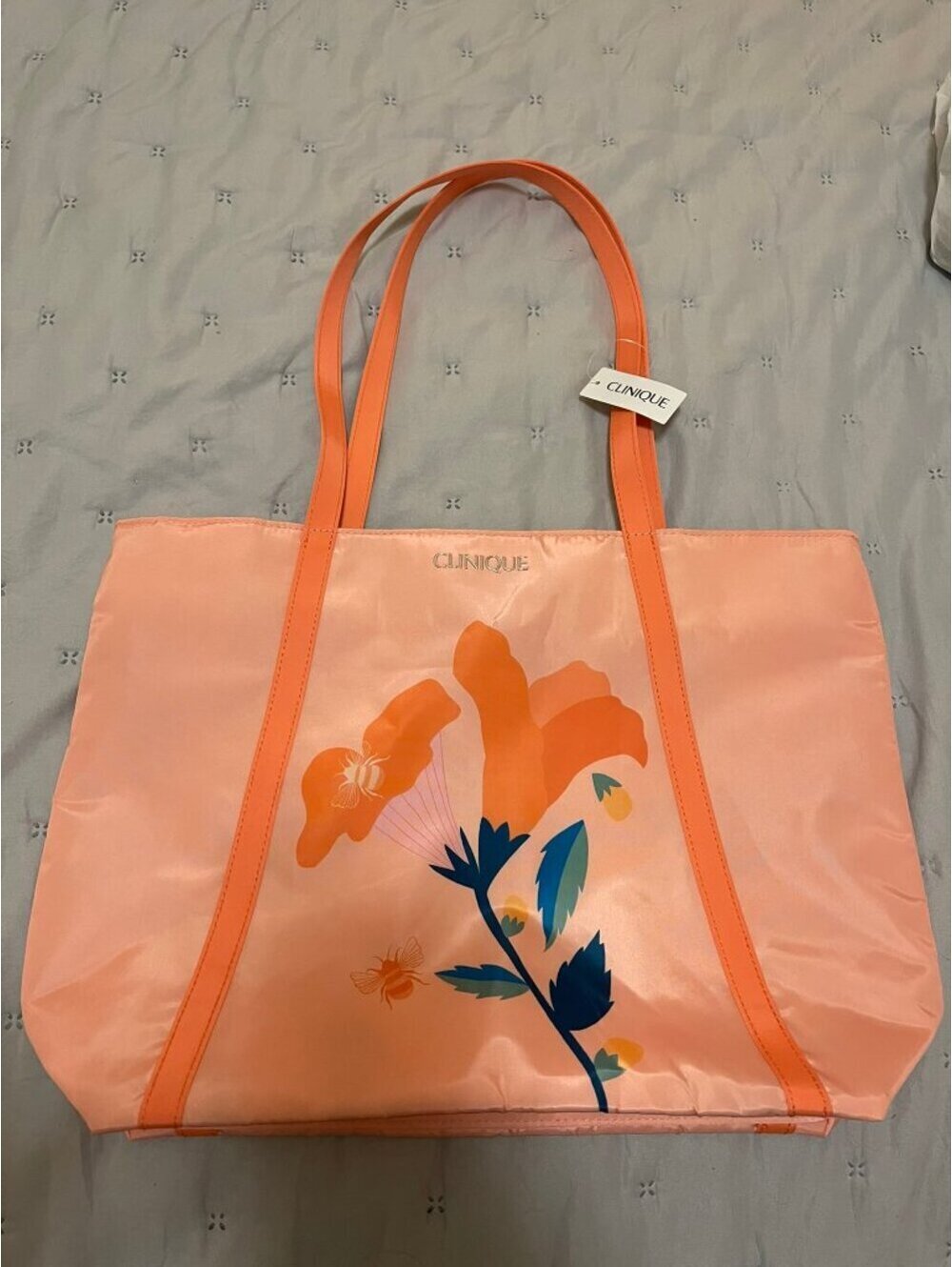 NWT Clinique Peach Floral Bee Tote Bag